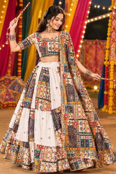 White patchwork ghagra — Navratri ghagra-choli on rent, Sarah Fashion Studio, Loni Kalbhor, Pune
