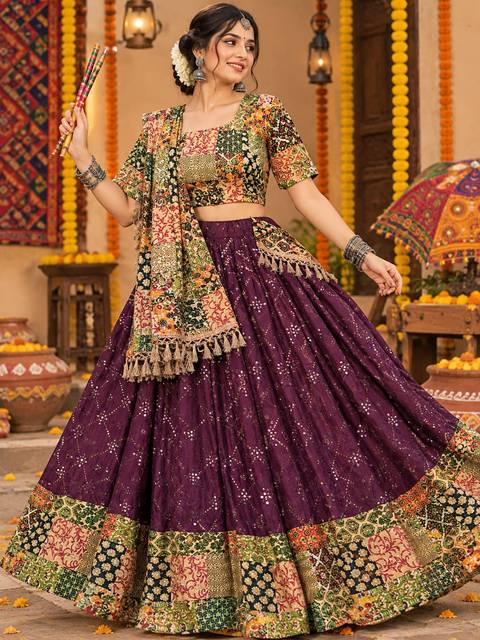 Purple ghagra — Navratri ghagra-choli on rent, Sarah Fashion Studio, Loni Kalbhor, Pune