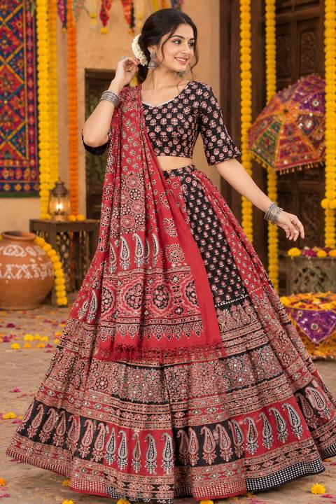 Red printed ghagra — Navratri ghagra-choli on rent, Sarah Fashion Studio, Loni Kalbhor, Pune