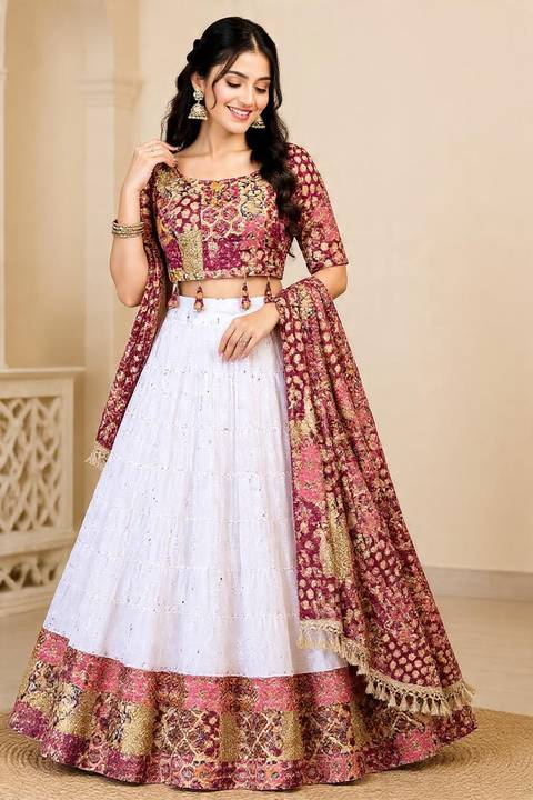 White ghagra, maroon choli — Navratri ghagra-choli on rent, Sarah Fashion Studio, Loni Kalbhor, Pune